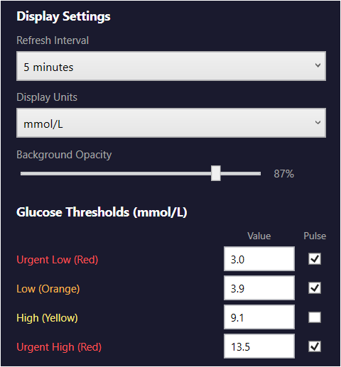 Click to enlarge Glucose Widget display settings showing refresh interval, units, opacity, thresholds