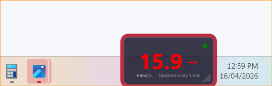 Click to enlarge Glucose Widget running on the Windows taskbar showing a 15.9 mmol/L reading