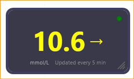 Click to enlarge Glucose Widget running on Windows desktop showing 10.6 mmol/L